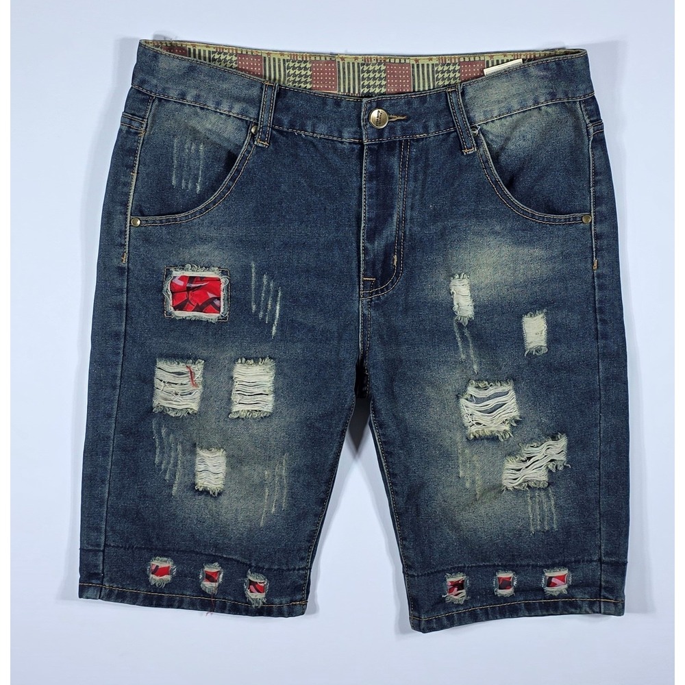 Fashion Jeans Wear Men's Distressed Denim Shorts Blue Red Camo Patchwork Size 34